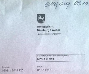 Am 9.10.2015 erreicht Simone Pfeifer das die Mitteilung des Amtsgerichtes Nienburg >> Die pervertierte Gemeinheit erinnert an das arische Herrschaftsprinzip : "Jedem das Seine"